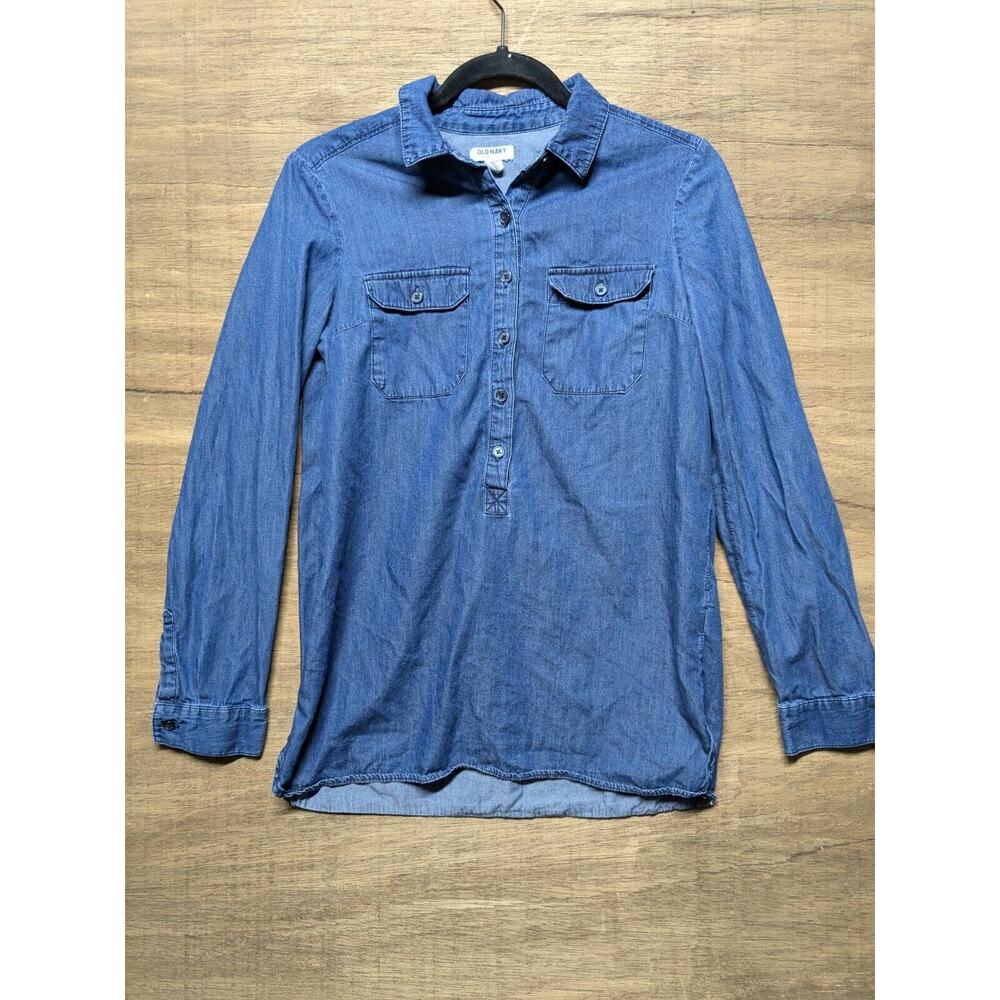 Old Navy Wmns Sz S Dark Blue Chambray Jean Long Sleeve Tunic Top Cowboy Western